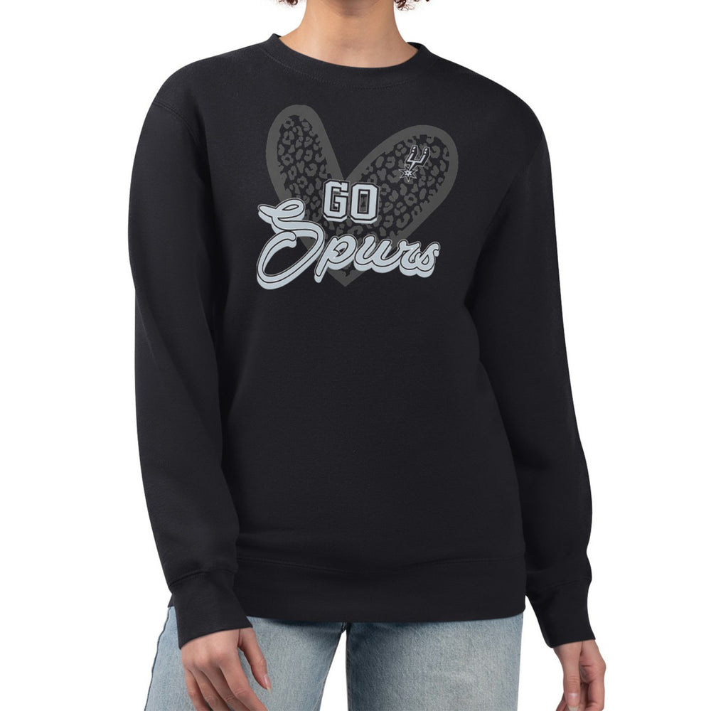Black San Antonio Spurs G-III 4Her by Carl Banks Women's Leopard Heart Fleece Pullover Sweatshirt | NBA