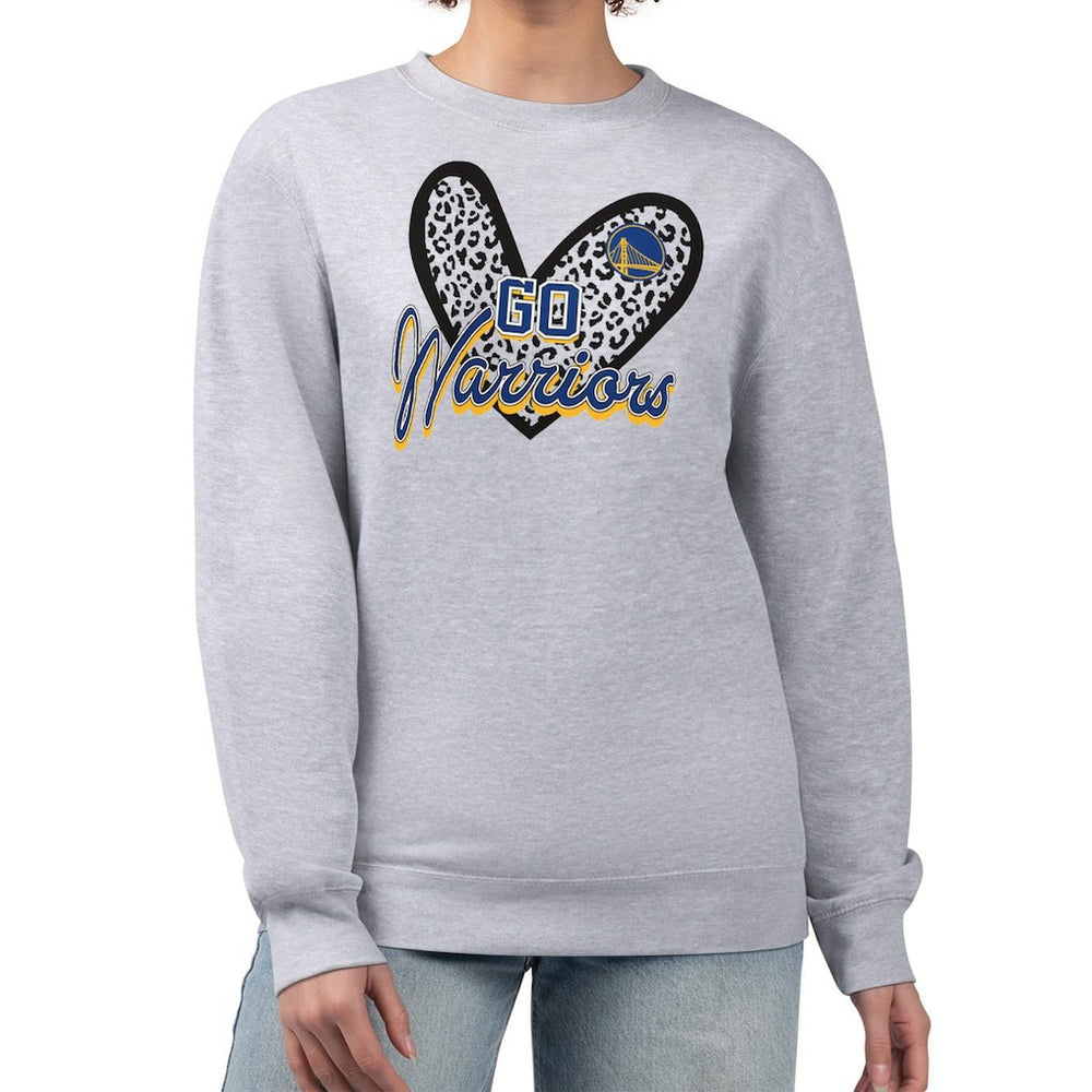 Heather Gray Golden State Warriors G-III 4Her by Carl Banks Women's Leopard Heart Fleece Pullover Sweatshirt sale | NBA