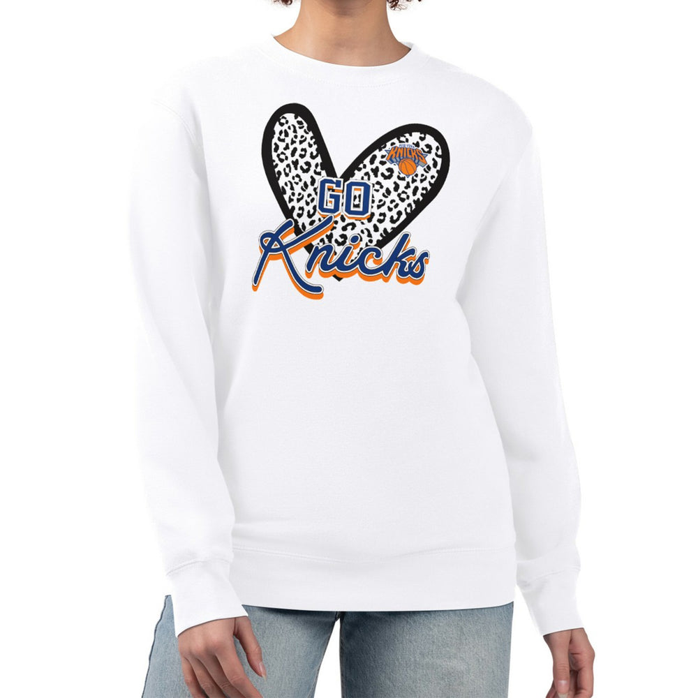 White New York Knicks G-III 4Her by Carl Banks Women's Leopard Heart Fleece Pullover Sweatshirt | NBA