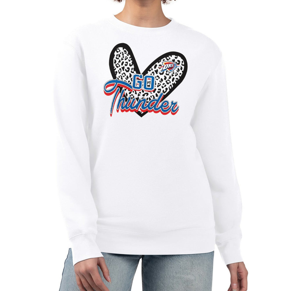 White Oklahoma City Thunder G-III 4Her by Carl Banks Women's Leopard Heart Fleece Pullover Sweatshirt | NBA