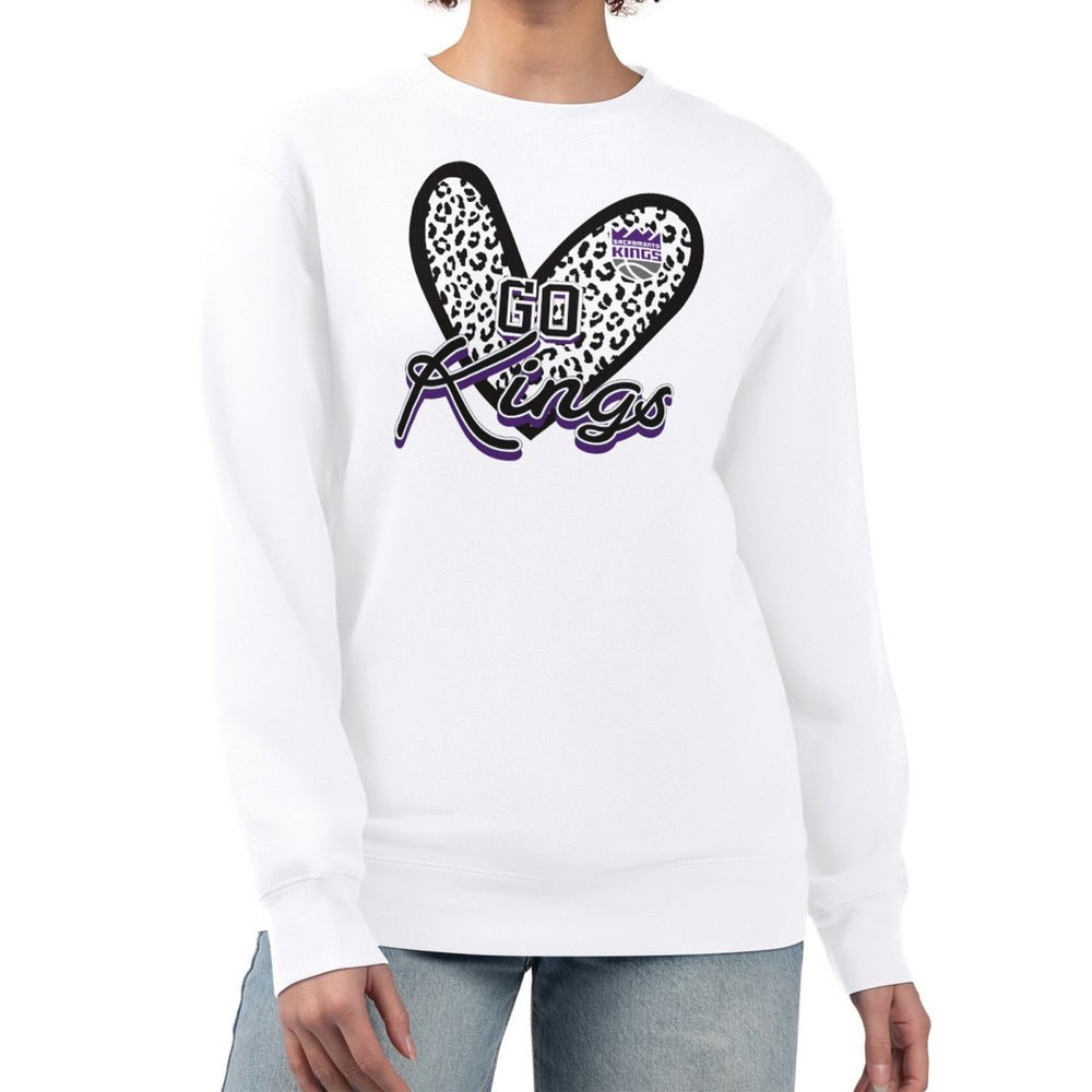 White Sacramento Kings G-III 4Her by Carl Banks Women's Leopard Heart Fleece Pullover Sweatshirt | NBA