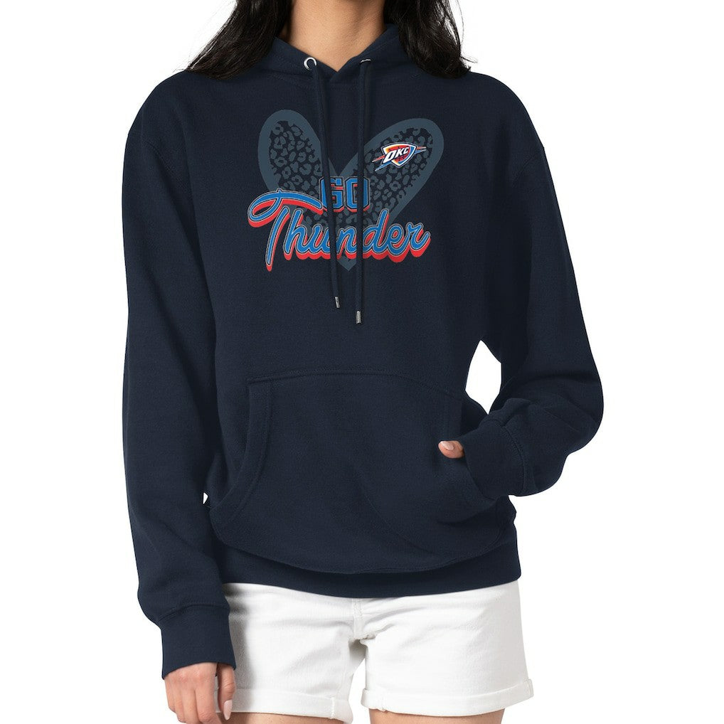 Navy Oklahoma City Thunder G-III 4Her by Carl Banks Women's Leopard Heart Graphic Fleece Pullover Hoodie | NBA