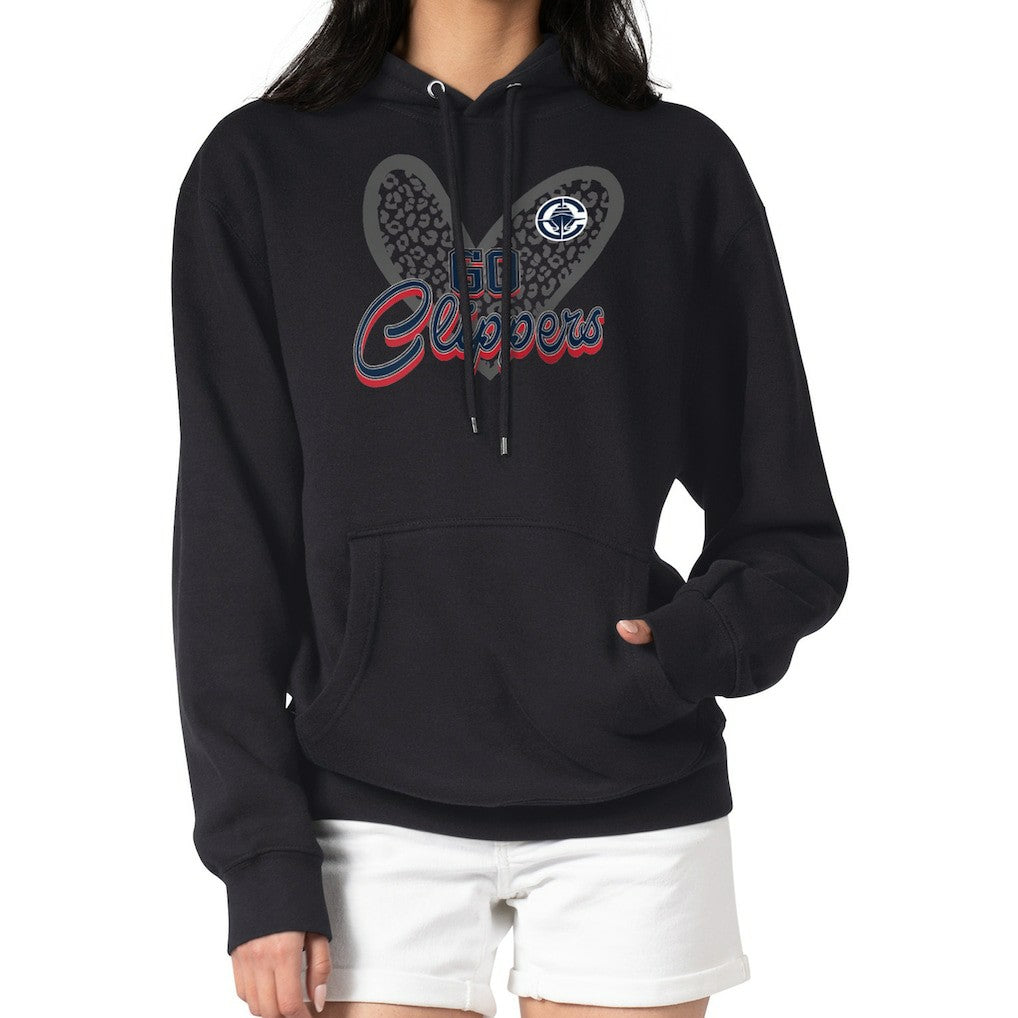 Black LA Clippers G-III 4Her by Carl Banks Women's Leopard Heart Graphic Fleece Pullover Hoodie | NBA