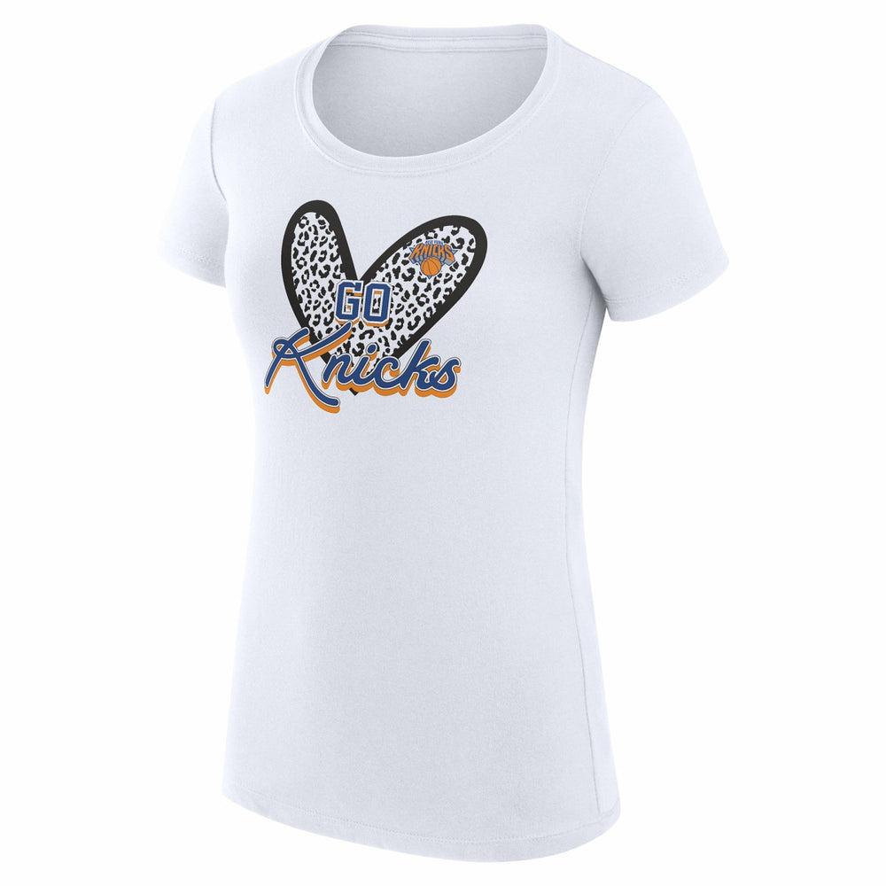 White New York Knicks G-III 4Her by Carl Banks Women's Super-Slim Fit Lightweight Leopard Heart T-Shirt | NBA