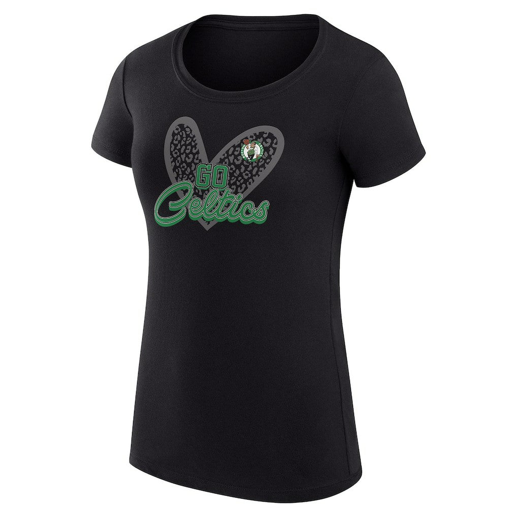 Black Boston Celtics G-III 4Her by Carl Banks Women's Super-Slim Fit Lightweight Leopard Heart T-Shirt | NBA