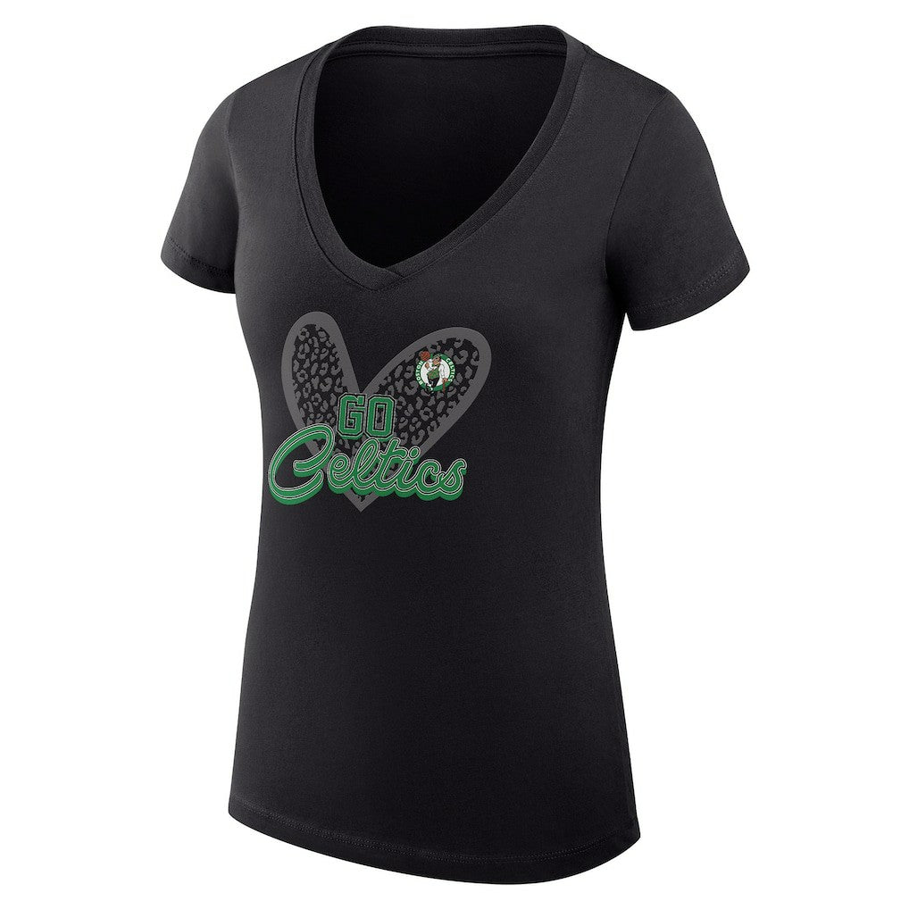 Black Boston Celtics G-III 4Her by Carl Banks Women's Super-Slim Fit Lightweight Leopard Heart V-Neck T-Shirt | NBA
