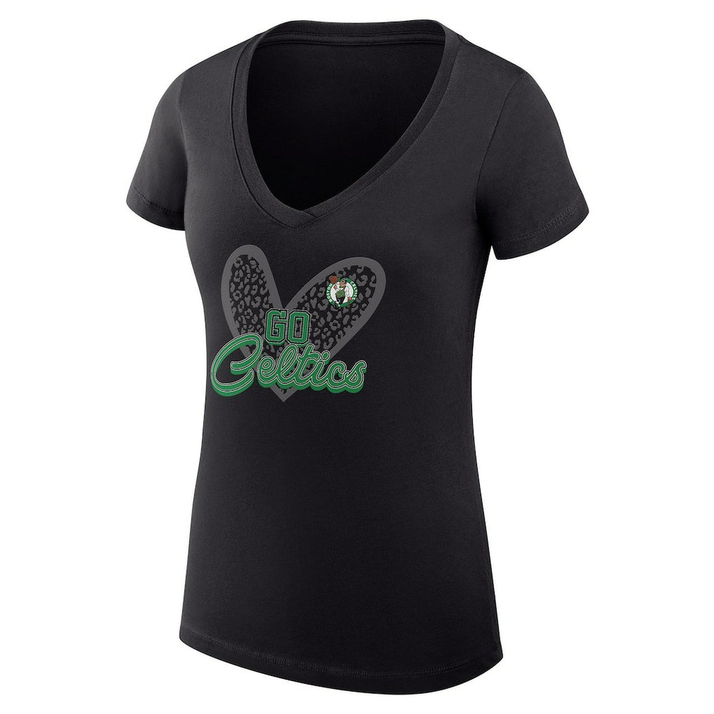 Black Boston Celtics G-III 4Her by Carl Banks Women's Super-Slim Fit Lightweight Leopard Heart V-Neck T-Shirt | NBA