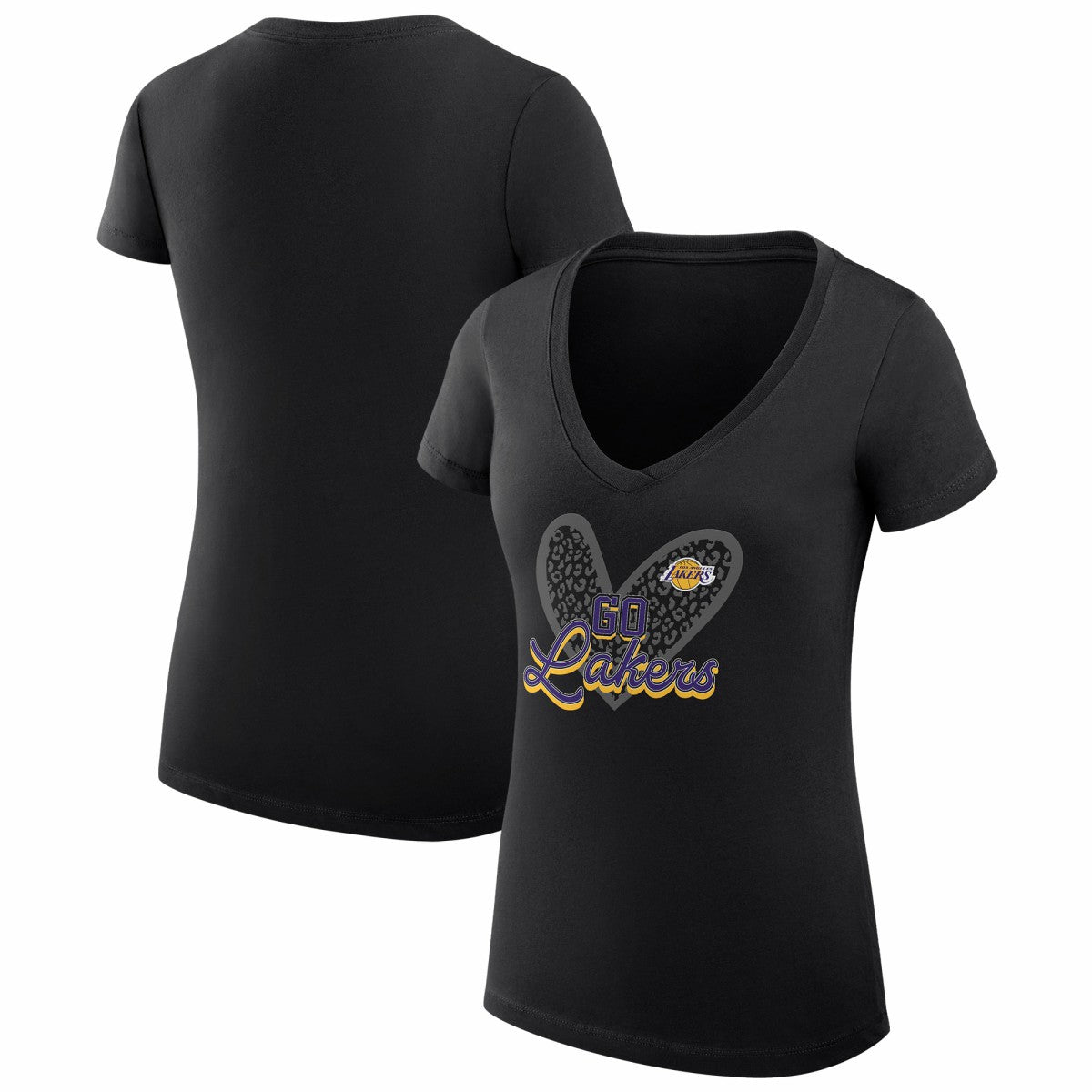 Black Los Angeles Lakers G-III 4Her by Carl Banks Women's Super-Slim Fit Lightweight Leopard Heart V-Neck T-Shirt | NBA
