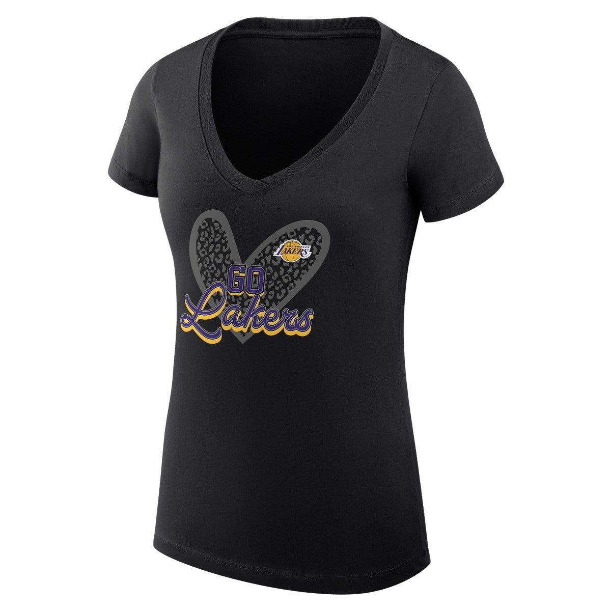 Black Los Angeles Lakers G-III 4Her by Carl Banks Women's Super-Slim Fit Lightweight Leopard Heart V-Neck T-Shirt | NBA