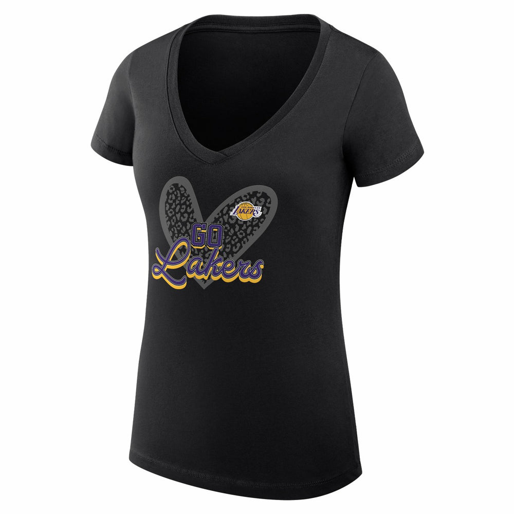 Black Los Angeles Lakers G-III 4Her by Carl Banks Women's Super-Slim Fit Lightweight Leopard Heart V-Neck T-Shirt | NBA