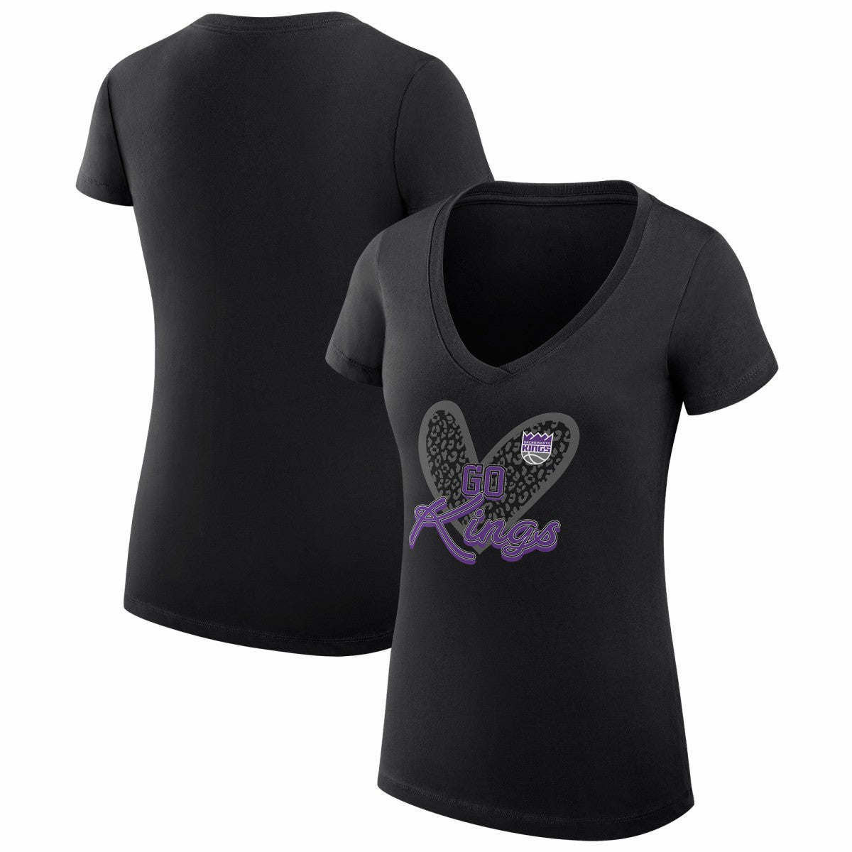 Black Sacramento Kings G-III 4Her by Carl Banks Women's Super-Slim Fit Lightweight Leopard Heart V-Neck T-Shirt | NBA