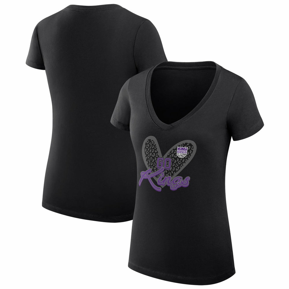 Black Sacramento Kings G-III 4Her by Carl Banks Women's Super-Slim Fit Lightweight Leopard Heart V-Neck T-Shirt | NBA