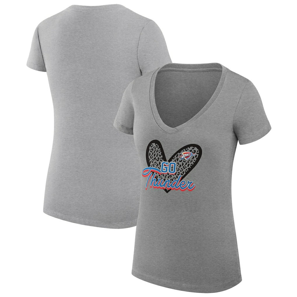 Heather Gray Oklahoma City Thunder G-III 4Her by Carl Banks Women's Super-Slim Fit Lightweight Leopard Heart V-Neck T-Shirt | NBA