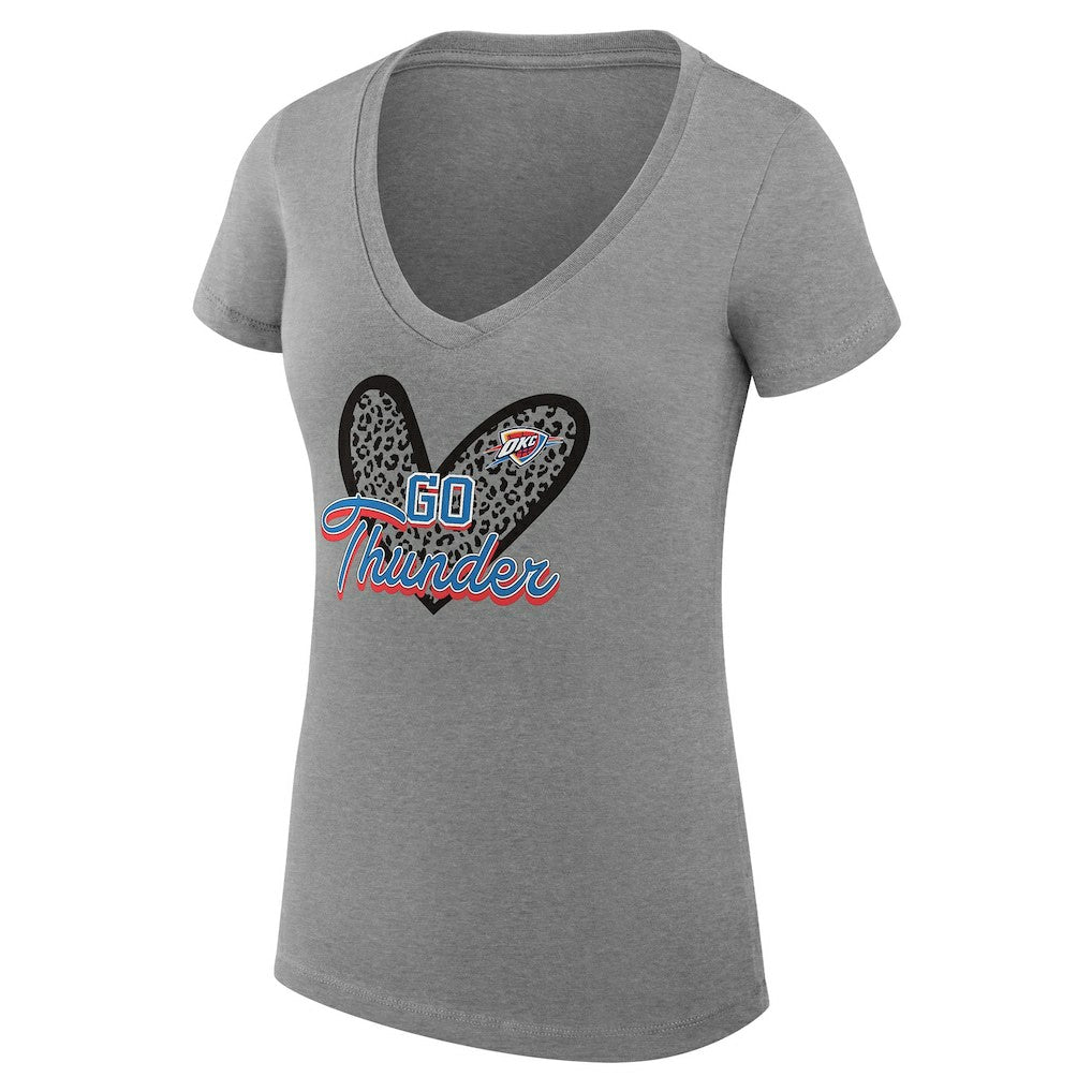 Heather Gray Oklahoma City Thunder G-III 4Her by Carl Banks Women's Super-Slim Fit Lightweight Leopard Heart V-Neck T-Shirt | NBA
