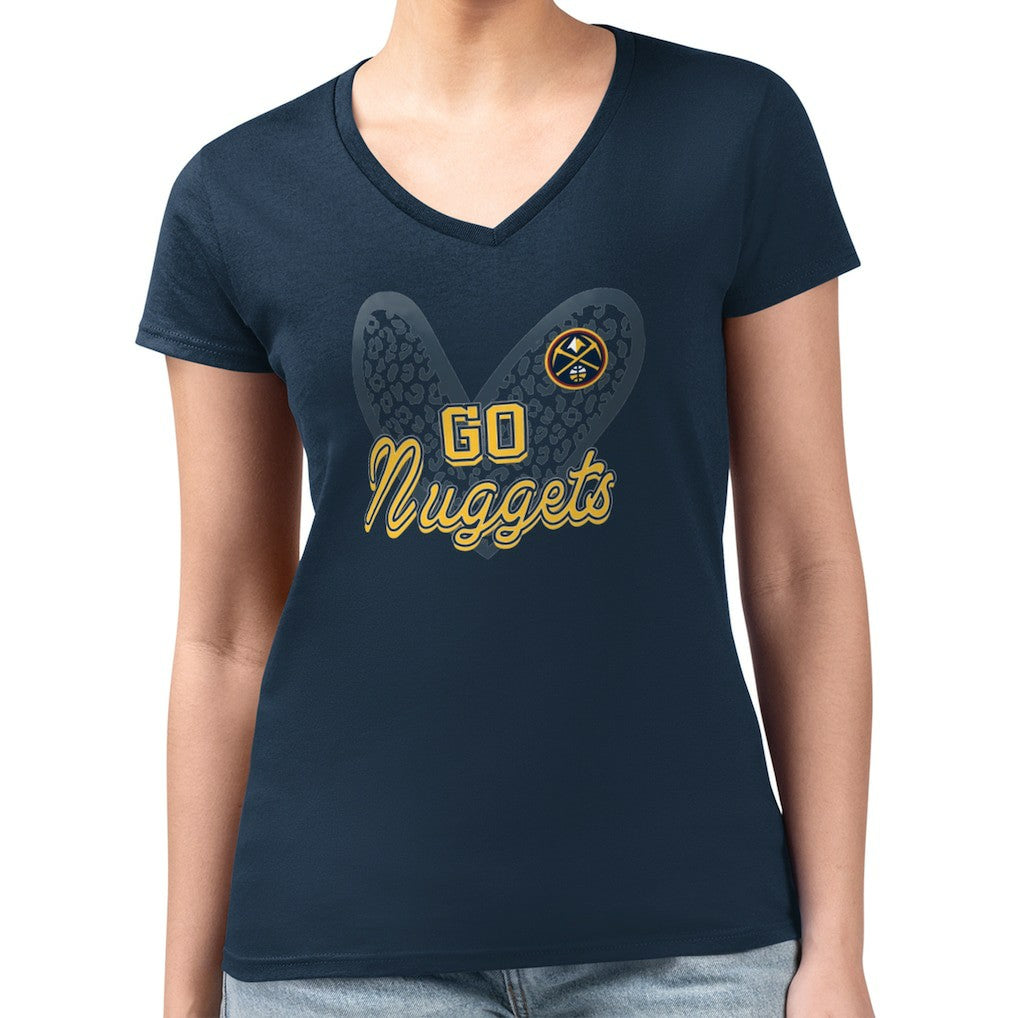 Navy Denver Nuggets G-III 4Her by Carl Banks Women's Super-Slim Fit Lightweight Leopard Heart V-Neck T-Shirt sale | NBA
