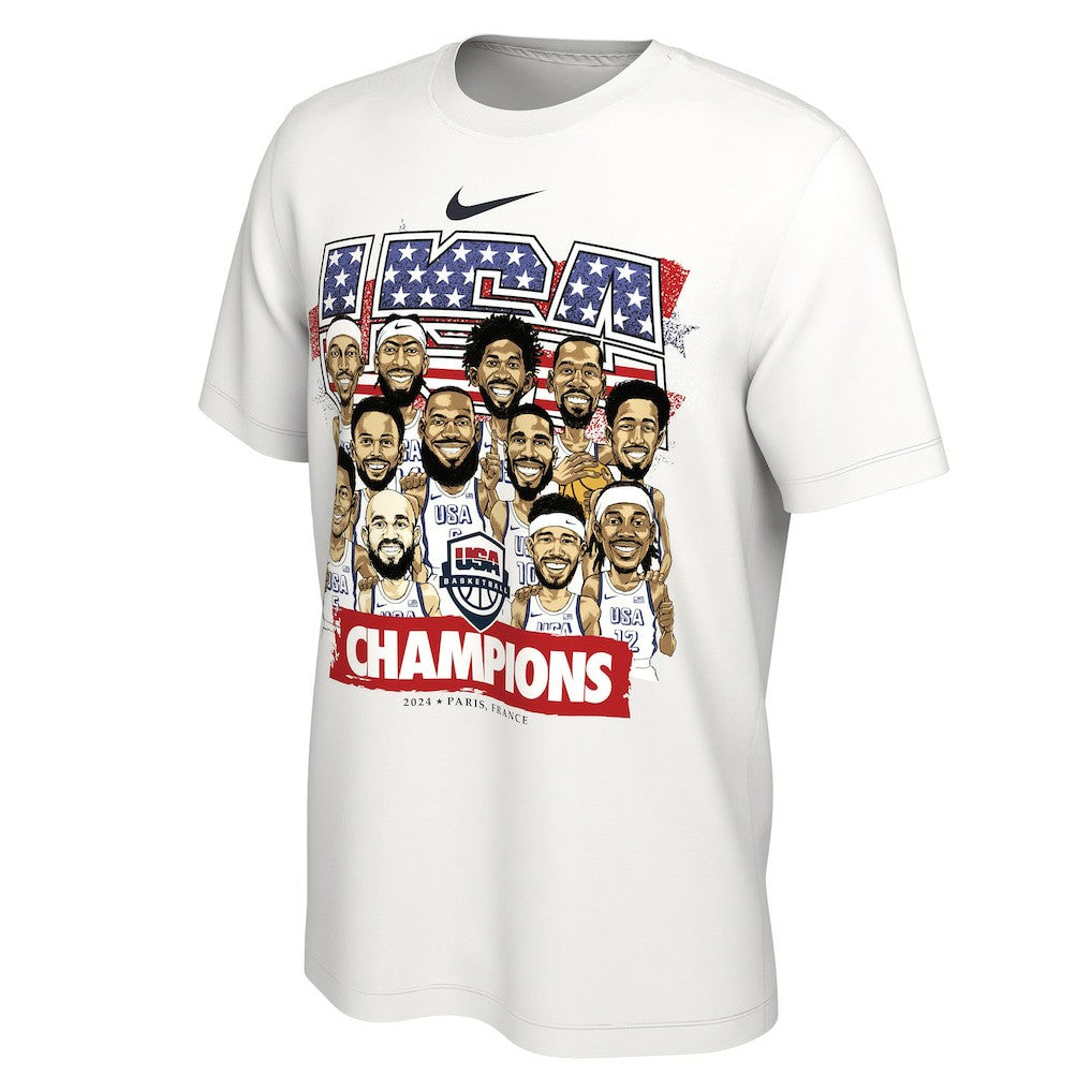 White USA Men's Basketball Unisex 2024 Summer Olympics Gold Medal Team Caricature T-Shirt | NBA