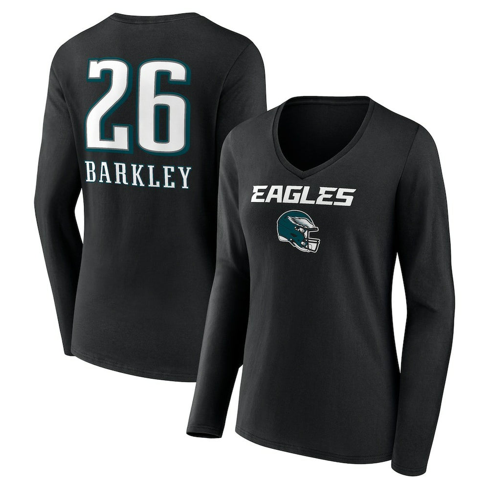 Philadelphia Eagles Saquon Barkley  Women's Name & Number Team Wordmark Long Sleeve V-Neck T-Shirt | NFL Outlet