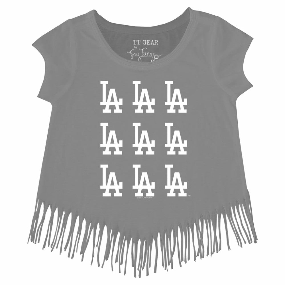 Los Angeles Dodgers Tiny Turnip Girls Youth Logo Grid Fringe T-Shirt - MLB T-shirts