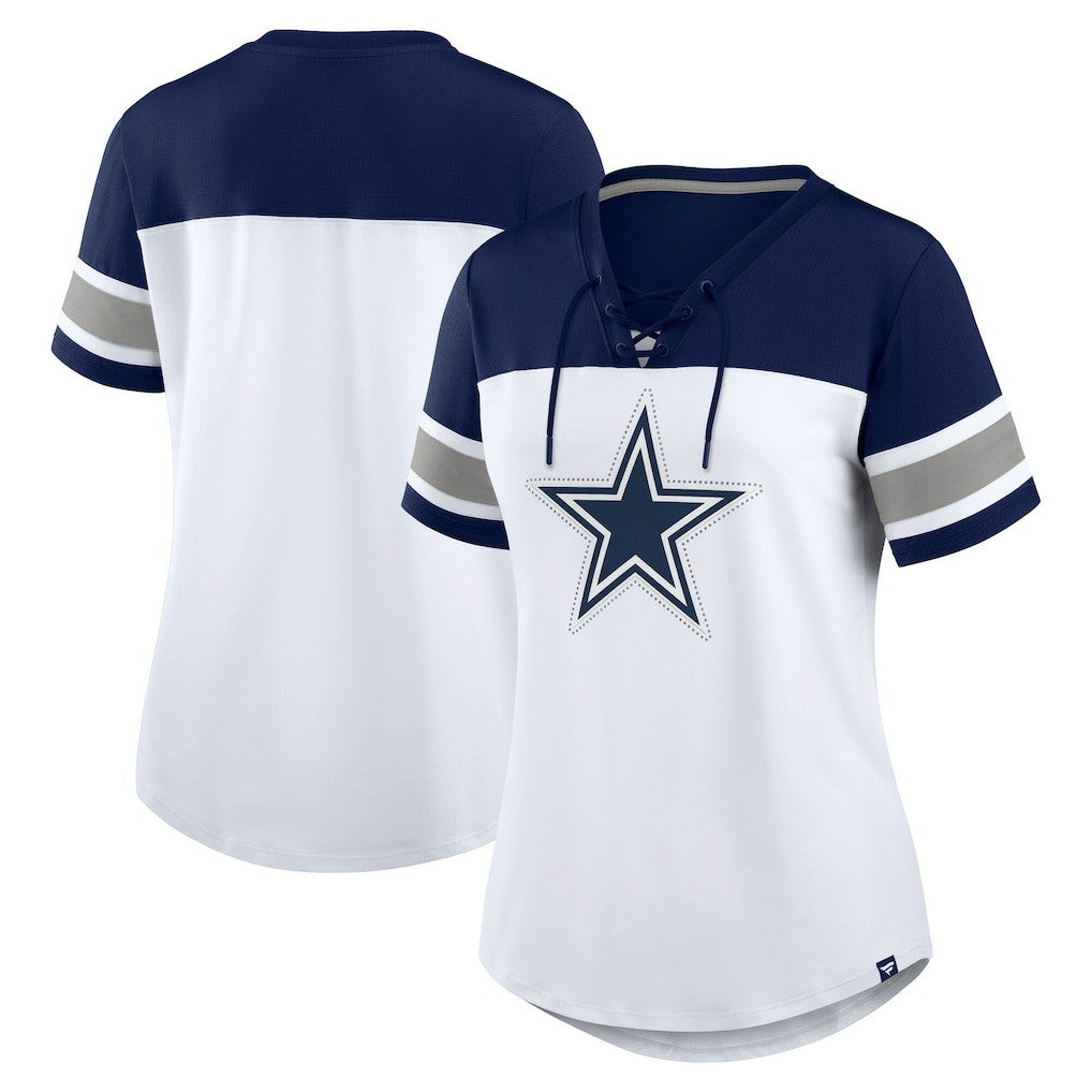 Dallas Cowboys Women's Athena Rhinestone Lace-Up V-Neck T-Shirt | NFL Discount
