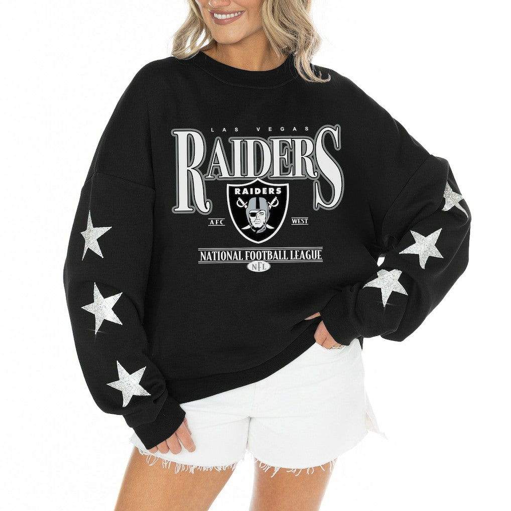Las Vegas Raiders Gameday Couture Women's Rhinestone Star Sleeve Settle the Score Oversized Tri-Blend Pullover | NFL Hot