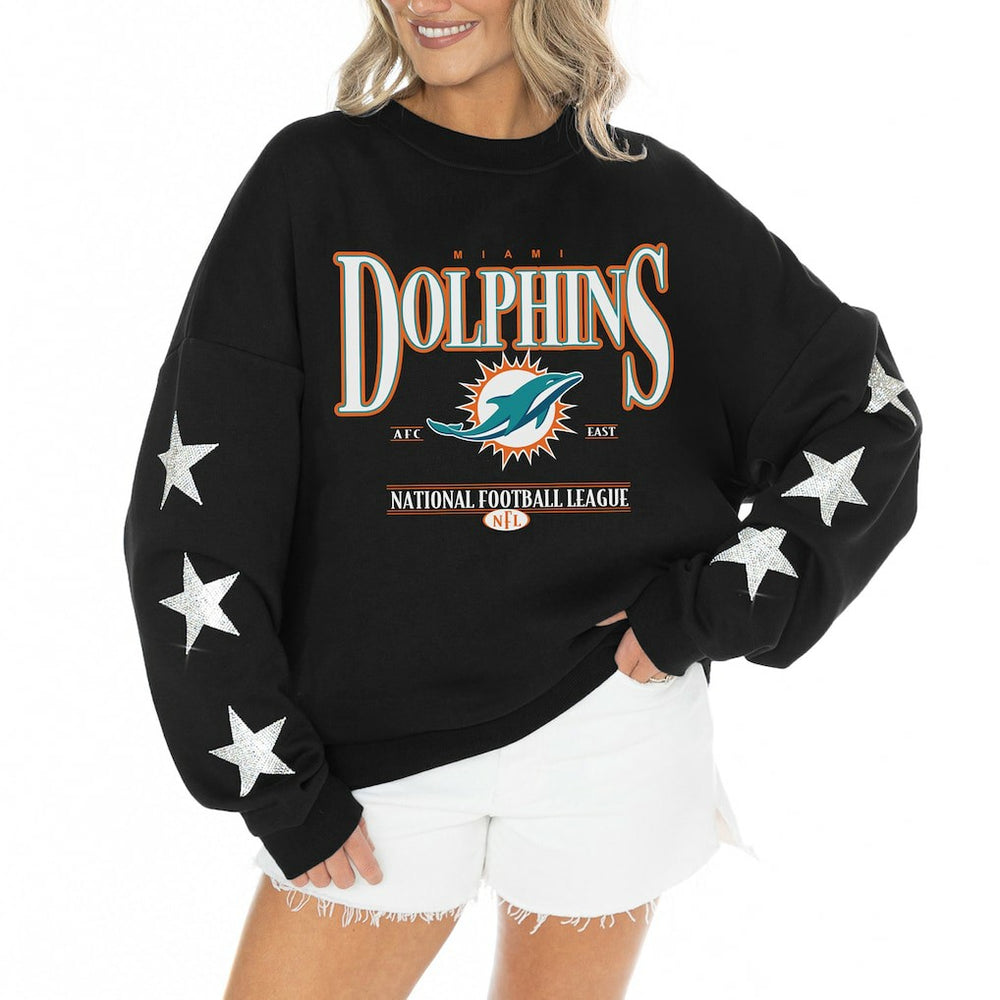 Miami Dolphins Gameday Couture Women's Rhinestone Star Sleeve Settle the Score Oversized Tri-Blend Pullover | NFL Online