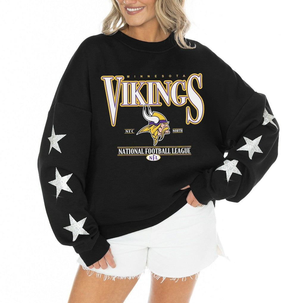 Minnesota Vikings Gameday Couture Women's Rhinestone Star Sleeve Settle the Score Oversized Tri-Blend Pullover | NFL Outlet