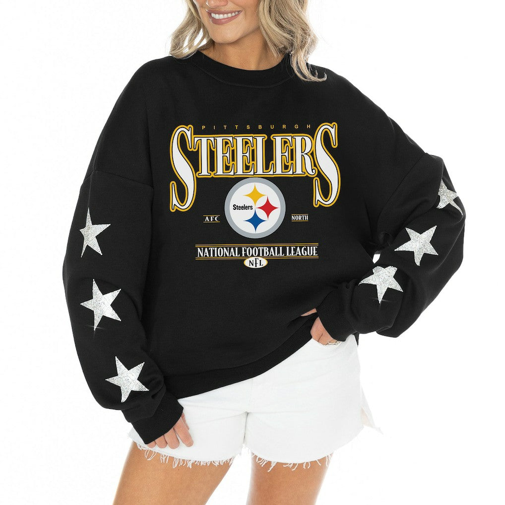 Pittsburgh Steelers Gameday Couture Women's Rhinestone Star Sleeve Settle the Score Oversized Tri-Blend Pullover | NFL Discount