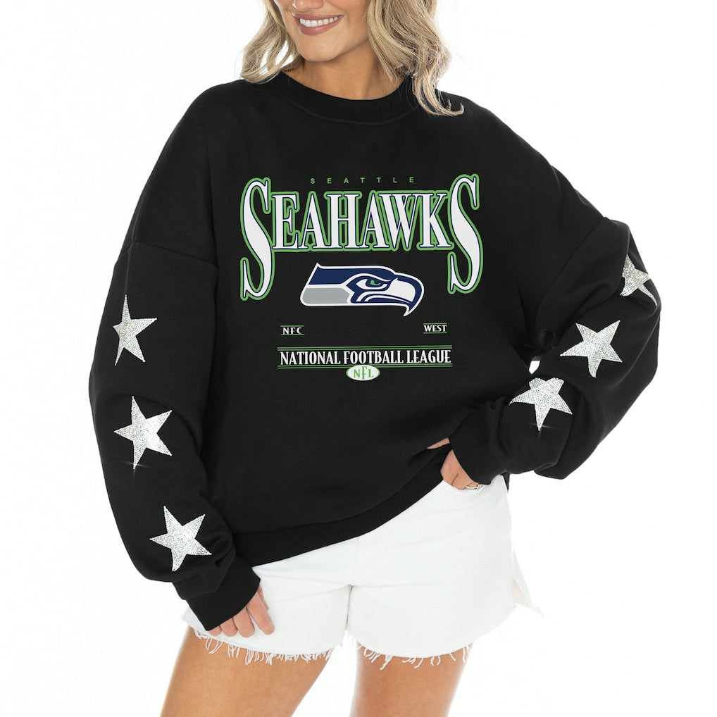 Seattle Seahawks Gameday Couture Women's Rhinestone Star Sleeve Settle the Score Oversized Tri-Blend Pullover | NFL Online