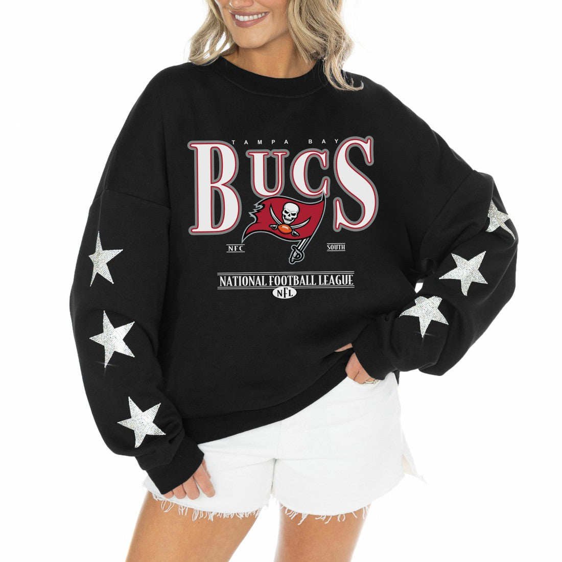 Tampa Bay Buccaneers Gameday Couture Women's Rhinestone Star Sleeve Settle the Score Oversized Tri-Blend Pullover | NFL Near me