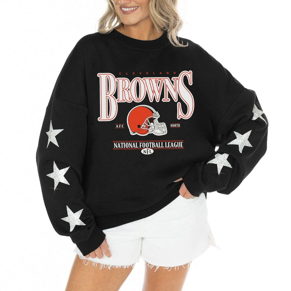 Cleveland Browns Gameday Couture Women's Rhinestone Star Sleeve Settle the Score Oversized Tri-Blend Pullover | NFL Hot