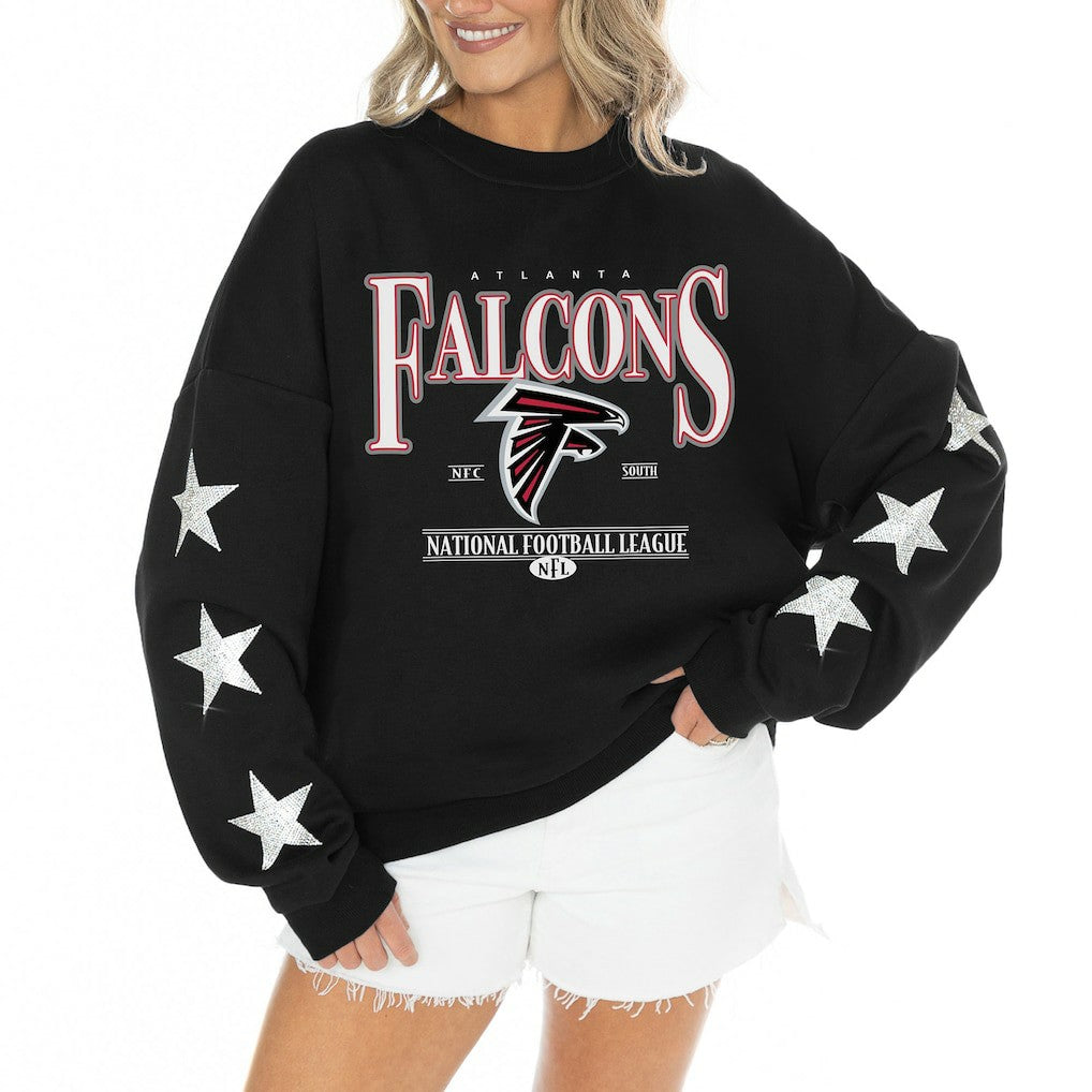 Atlanta Falcons Gameday Couture Women's Rhinestone Star Sleeve Settle the Score Oversized Tri-Blend Pullover | NFL Near me
