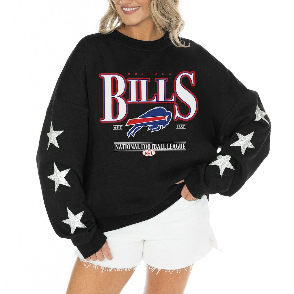Buffalo Bills Gameday Couture Women's Rhinestone Star Sleeve Settle the Score Oversized Tri-Blend Pullover | NFL Discount