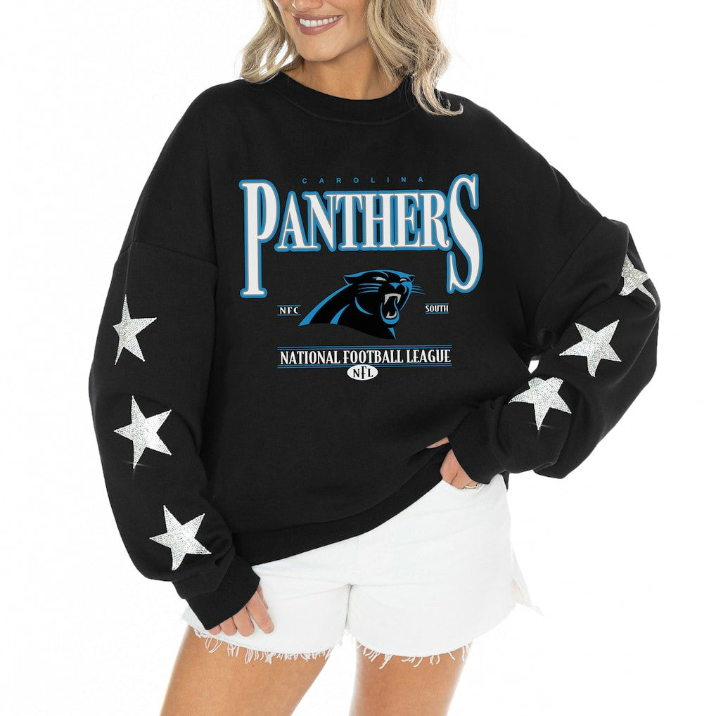 Carolina Panthers Gameday Couture Women's Rhinestone Star Sleeve Settle the Score Oversized Tri-Blend Pullover | NFL Online