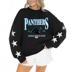 Carolina Panthers Gameday Couture Women's Rhinestone Star Sleeve Settle the Score Oversized Tri-Blend Pullover | NFL Online