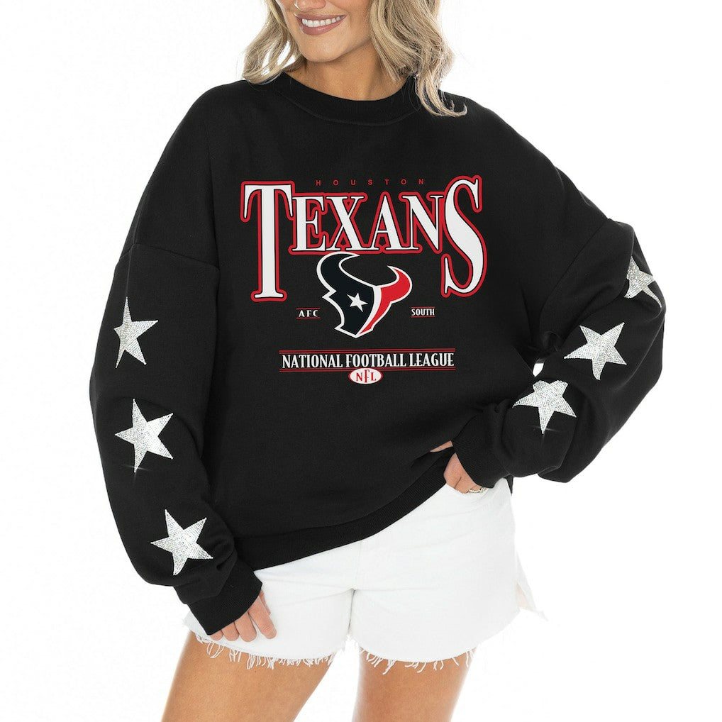 Houston Texans Gameday Couture Women's Rhinestone Star Sleeve Settle the Score Oversized Tri-Blend Pullover | NFL Sale