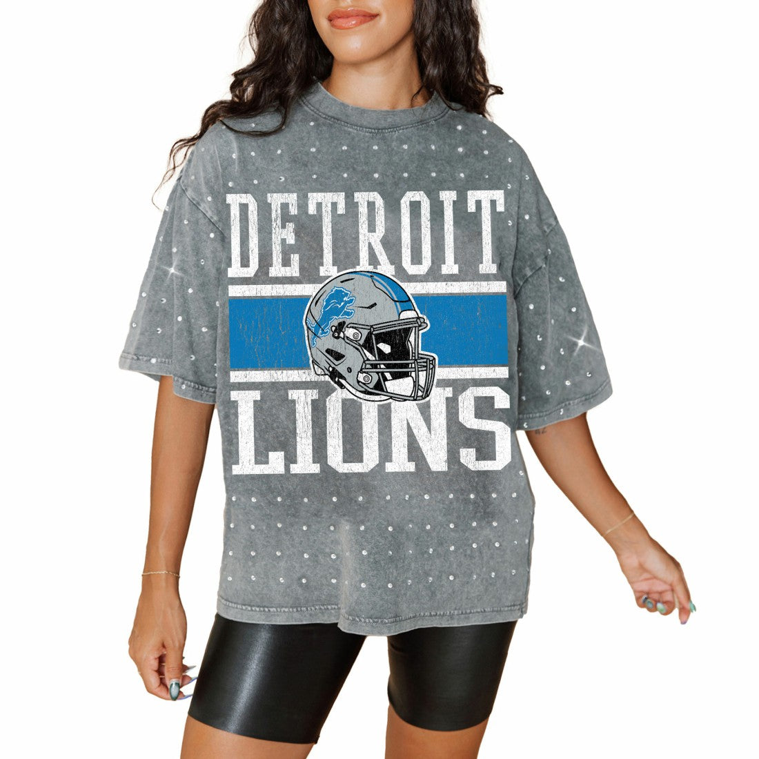 Detroit Lions Gameday Couture Women's Oversized Mini Rhinestone Classic T-Shirt | NFL Outlet