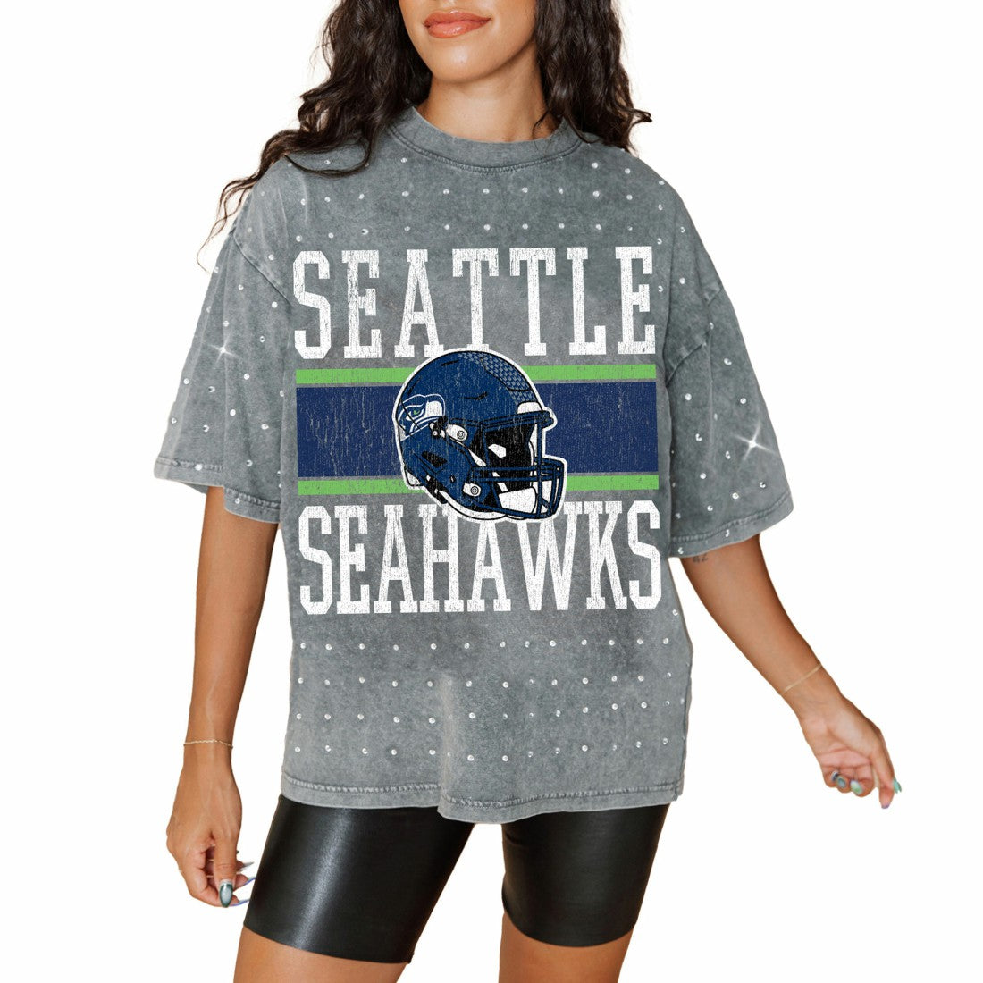 Seattle Seahawks Gameday Couture Women's Oversized Mini Rhinestone Classic T-Shirt | NFL Outlet