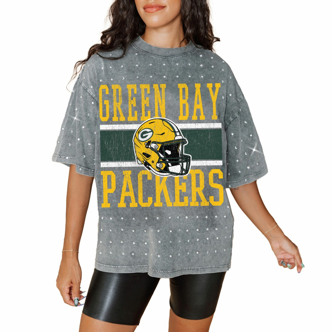 Green Bay Packers Gameday Couture Women's Oversized Mini Rhinestone Classic T-Shirt | NFL Online