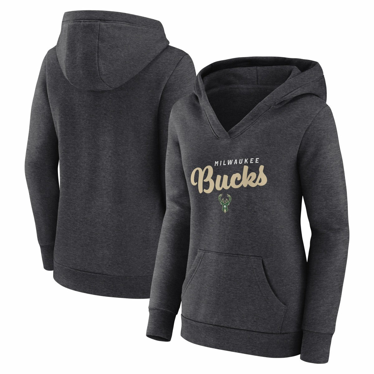 Heather Charcoal Milwaukee Bucks Logo Athletic Women's Triumphant V-Neck Pullover Hoodie | NBA