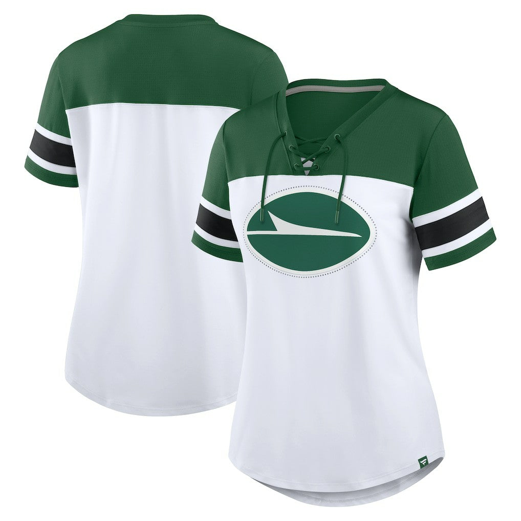 New York Jets Women's Athena Rhinestone Lace-Up V-Neck T-Shirt | NFL US