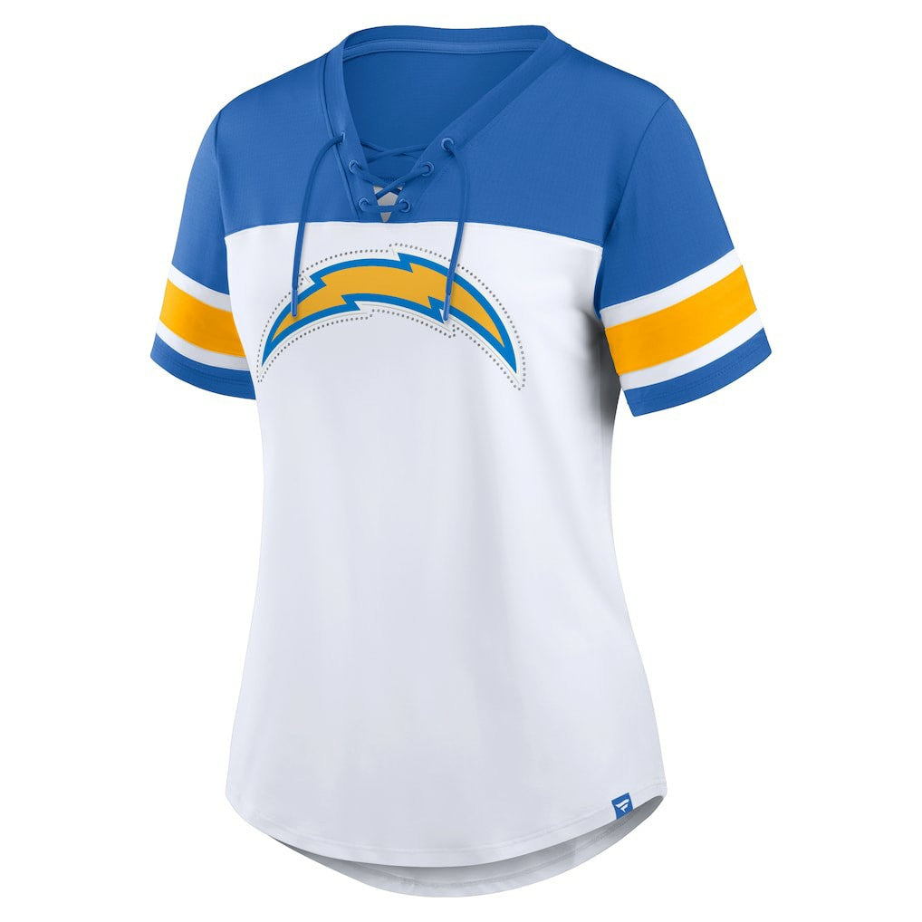 Los Angeles Chargers Women's Athena Rhinestone Lace-Up V-Neck T-Shirt | NFL Near me