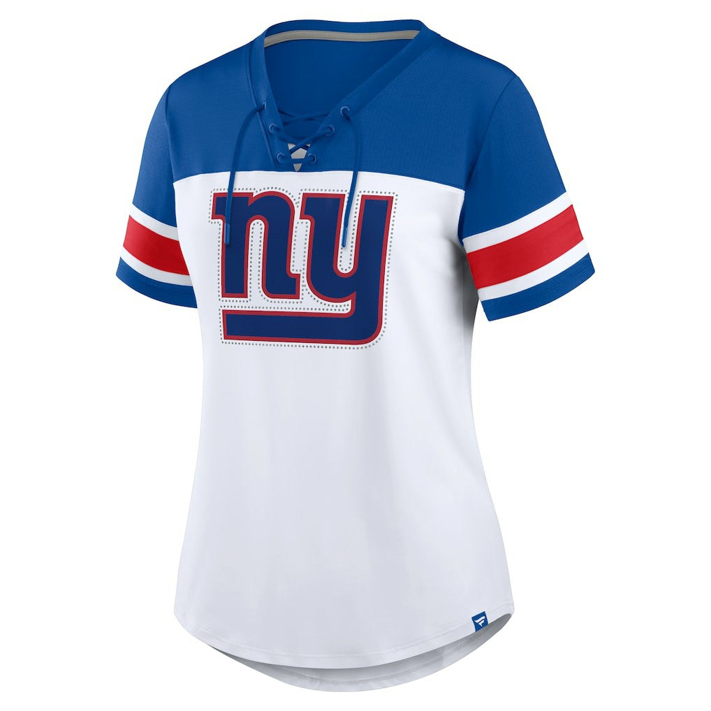 New York Giants Women's Athena Rhinestone Lace-Up V-Neck T-Shirt | NFL Outlet