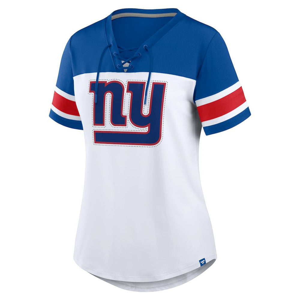 New York Giants Women's Athena Rhinestone Lace-Up V-Neck T-Shirt | NFL Outlet