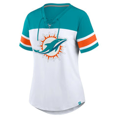 Miami Dolphins Women's Athena Rhinestone Lace-Up V-Neck T-Shirt | NFL Discount