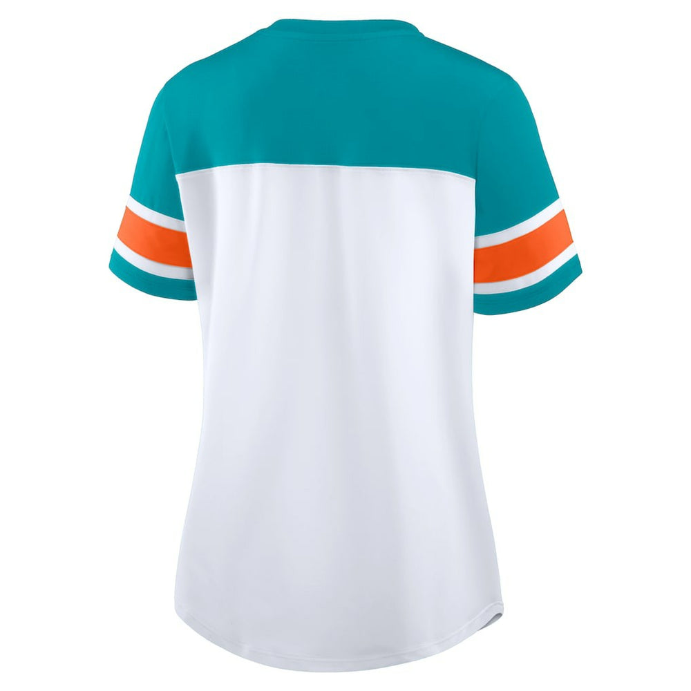 Miami Dolphins Women's Athena Rhinestone Lace-Up V-Neck T-Shirt | NFL Discount