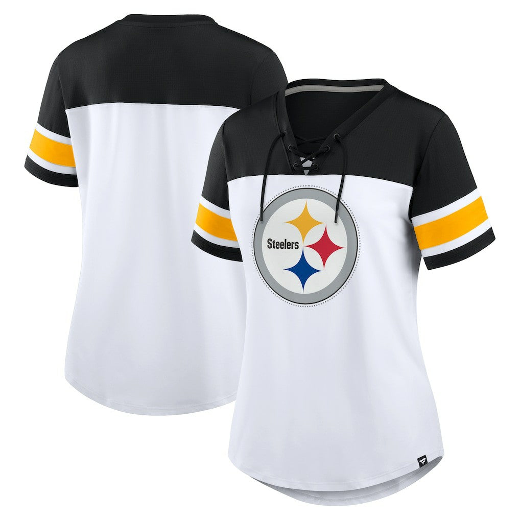 Pittsburgh Steelers Women's Athena Rhinestone Lace-Up V-Neck T-Shirt | NFL New