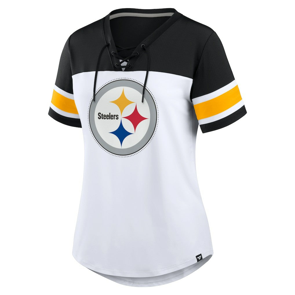 Pittsburgh Steelers Women's Athena Rhinestone Lace-Up V-Neck T-Shirt | NFL New