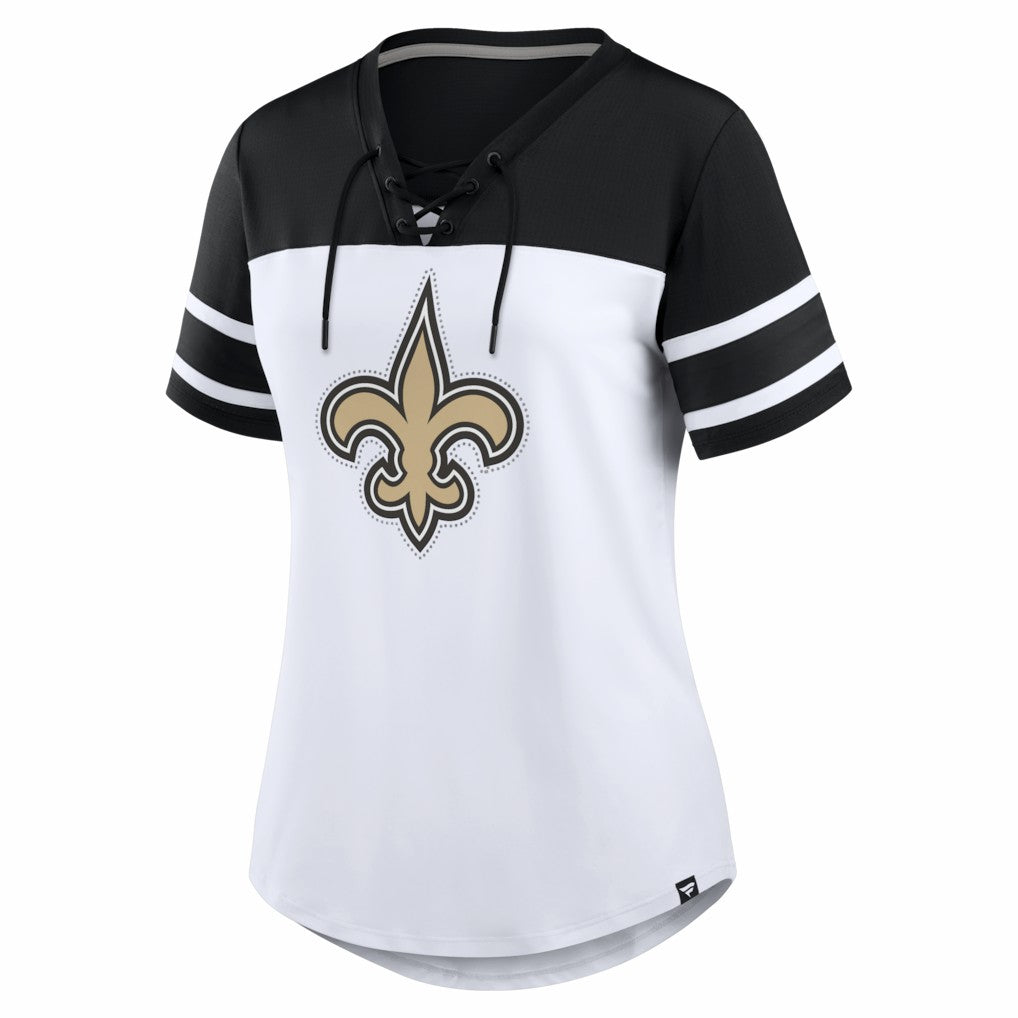 New Orleans Saints Women's Athena Rhinestone Lace-Up V-Neck T-Shirt | NFL US