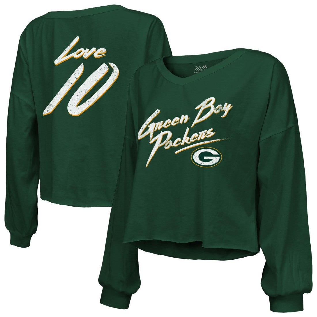 Green Bay Packers Jordan Love  Majestic Threads Women's Name & Number Off-Shoulder Script Cropped Long Sleeve Relaxed V-Neck T-Shirt | NFL Online