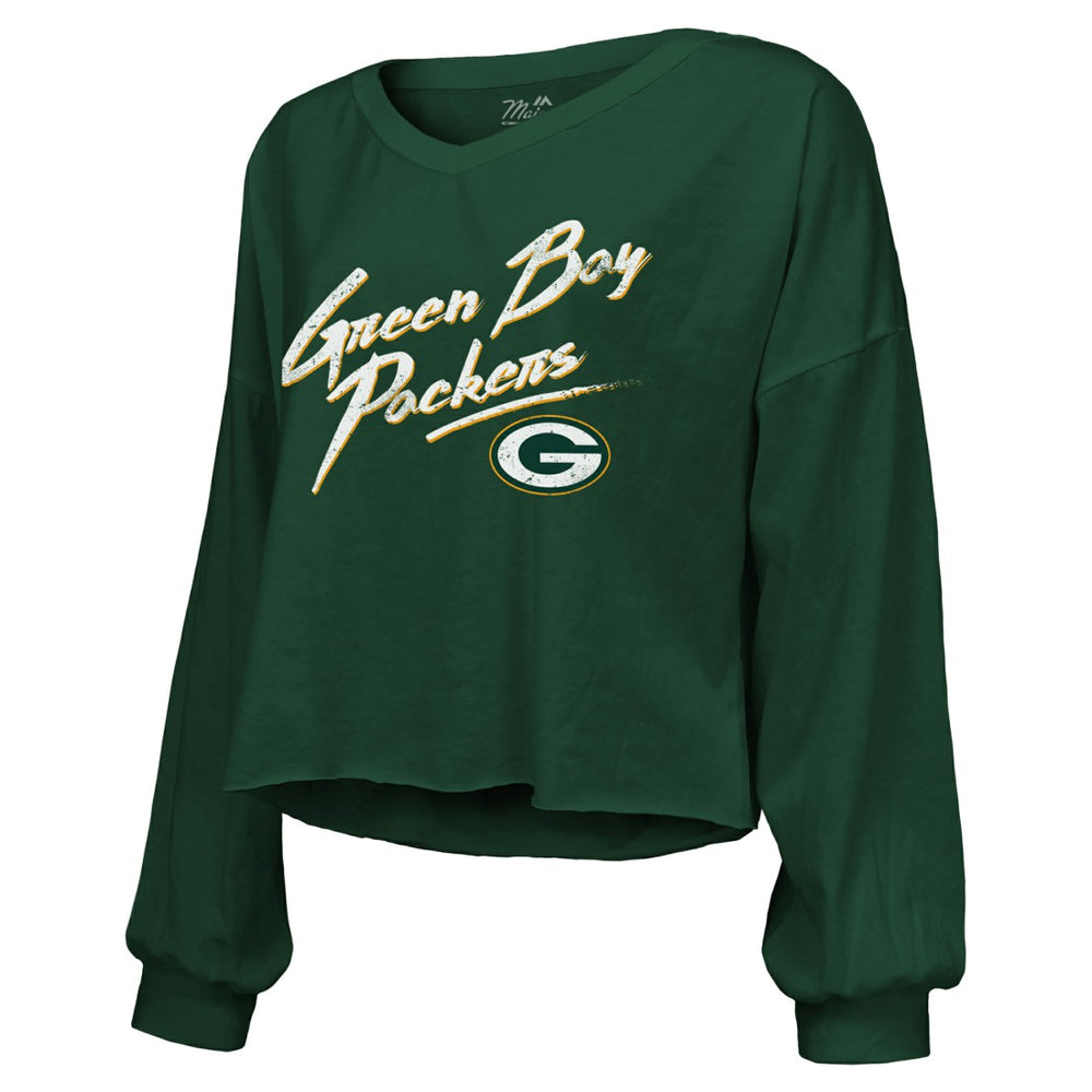 Green Bay Packers Jordan Love  Majestic Threads Women's Name & Number Off-Shoulder Script Cropped Long Sleeve Relaxed V-Neck T-Shirt | NFL Online
